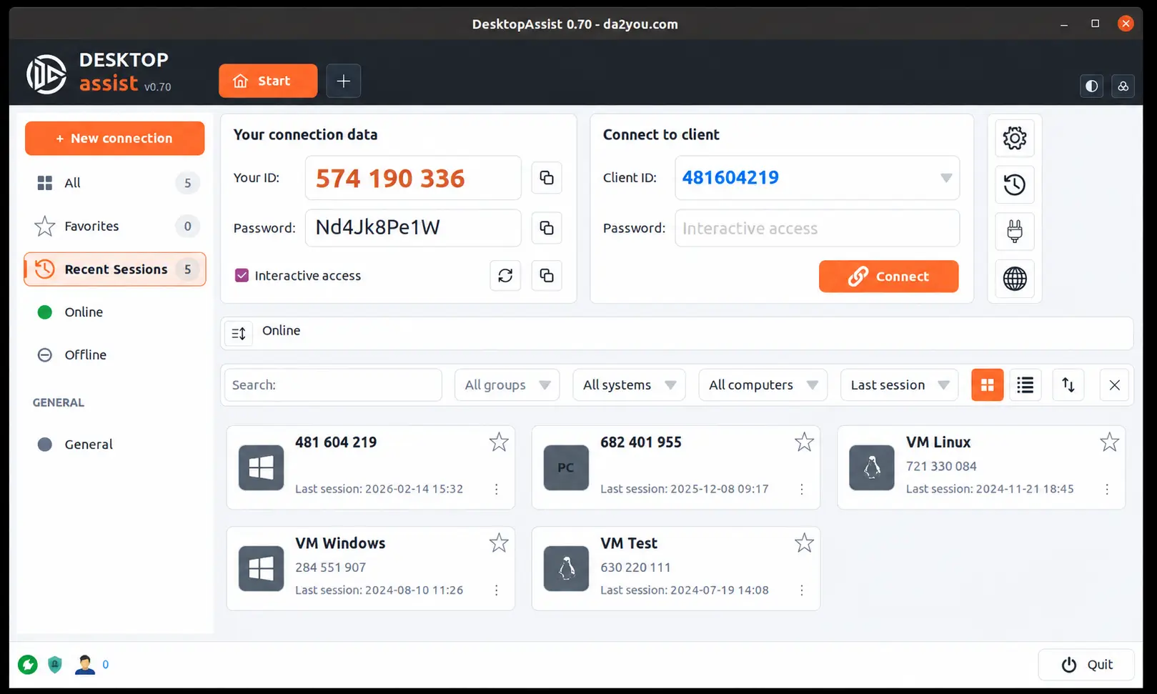 DesktopAssist on Linux: full window with the address book, your ID and password and the connect form.