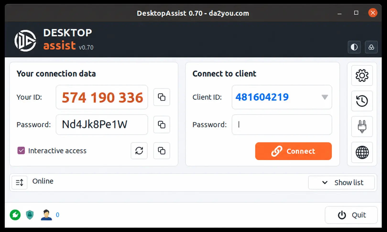 DesktopAssist on Linux: compact window with your ID and password and the connect form.