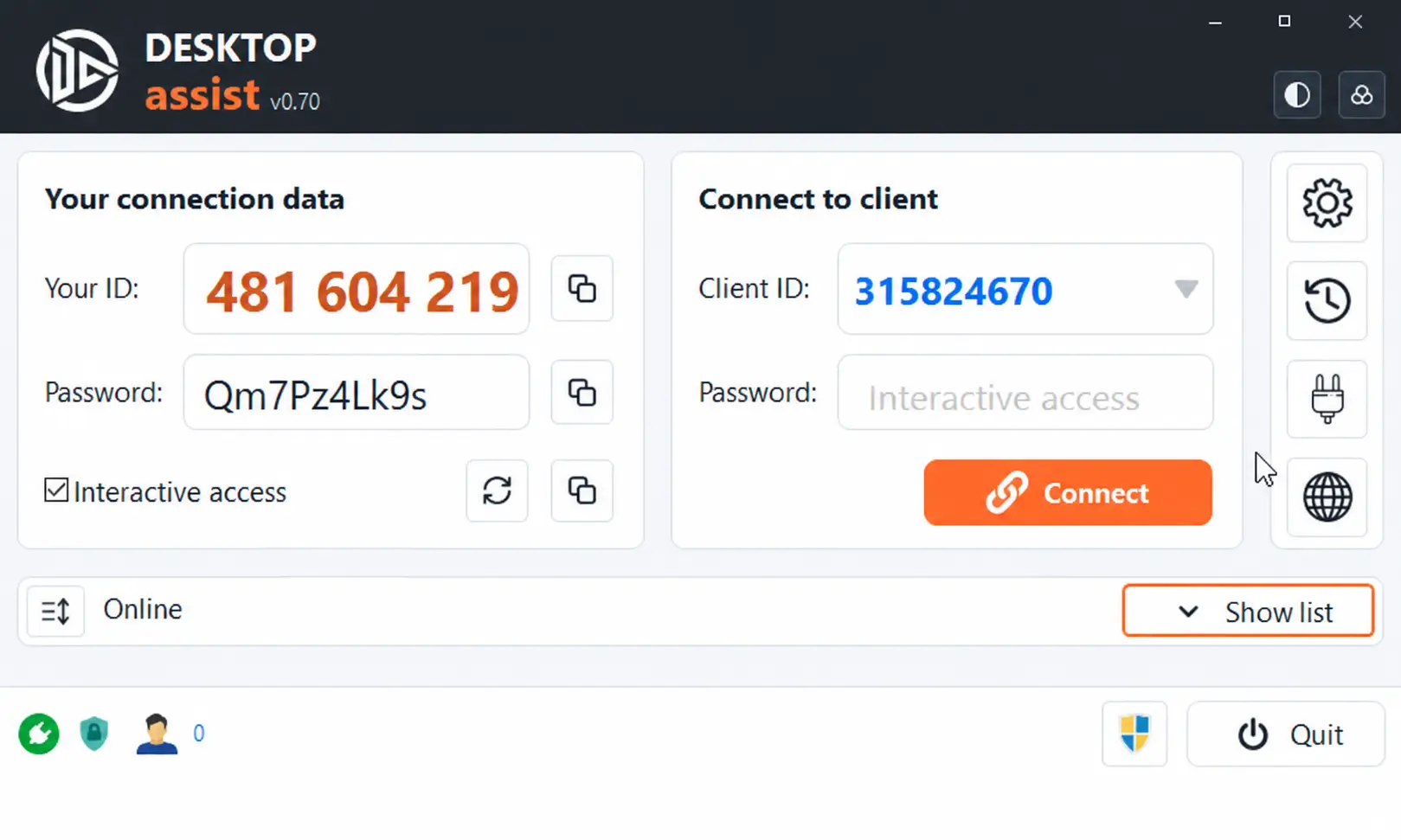 DesktopAssist on Windows: compact window with your ID and password and the connect form.